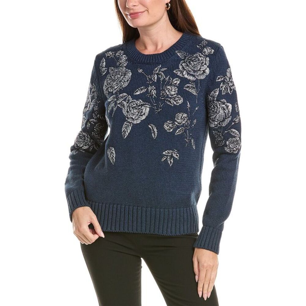 Oscar De La Renta Womens Roses Embroidered Sweater, Blue